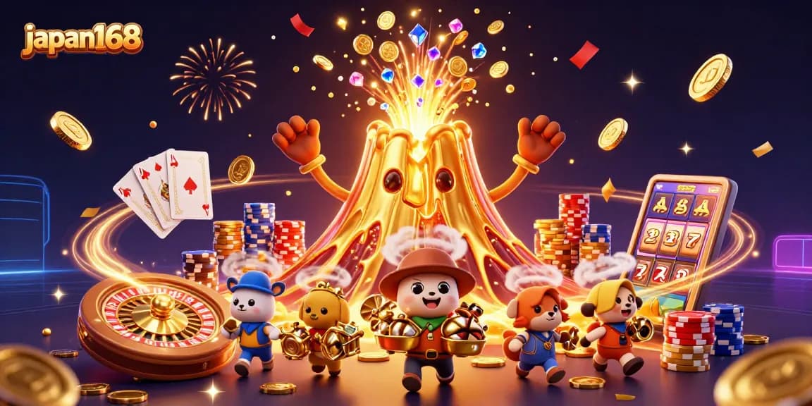 Experience winning thrills at japan168 with a vibrant casino illustration featuring golden treasures.