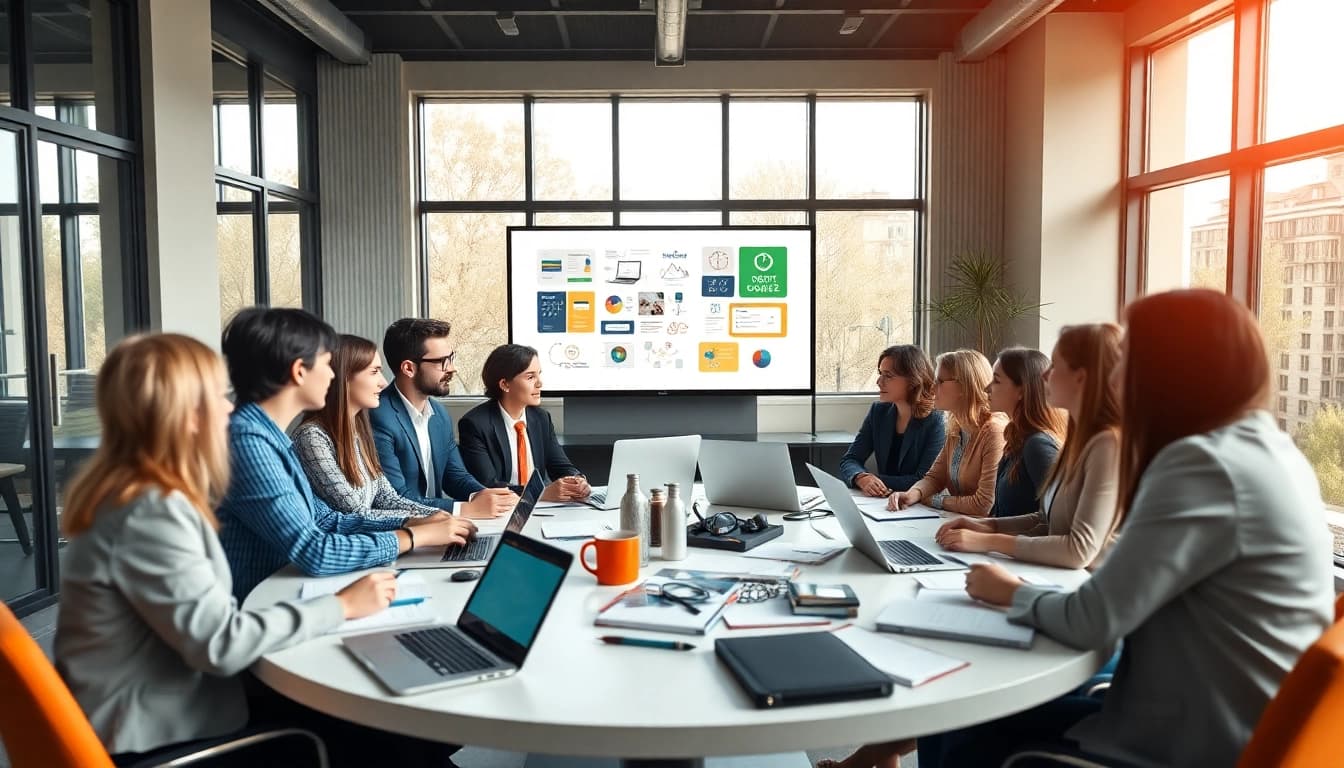Agency professionals collaborating in a vibrant meeting room, enhancing teamwork and creativity.