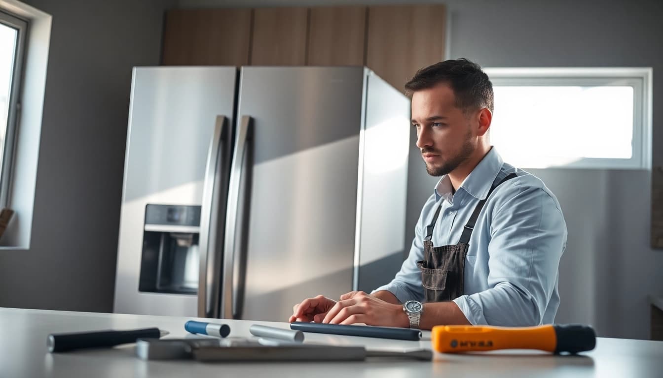 Technician performing refrigerator repair with tools in a bright kitchen.