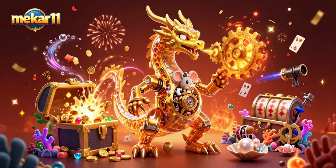 Engage with mekar11 - A captivating scene blending a biomechanical dragon and lively casino elements.