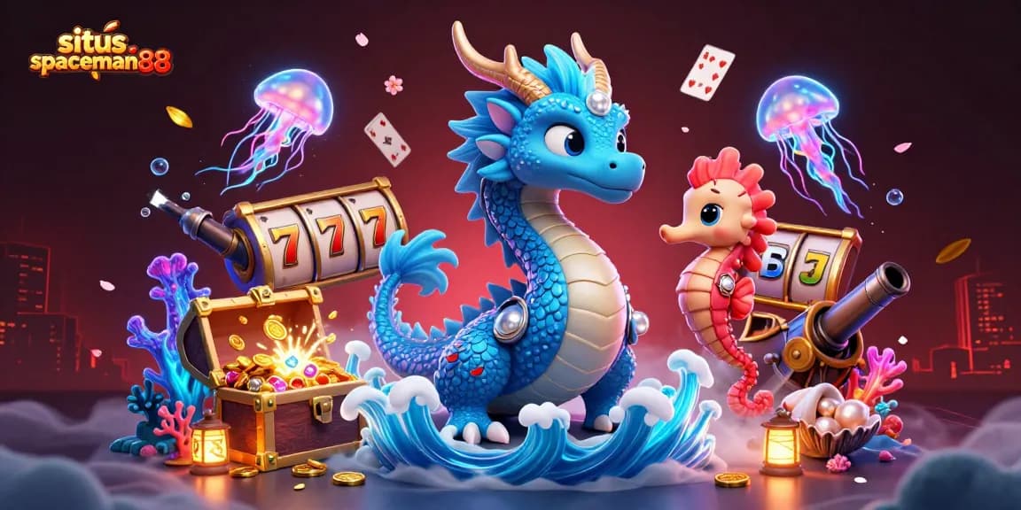 Experience the excitement of situs spaceman88 with this vibrant 3D illustration of slot reels and ocean-themed characters.