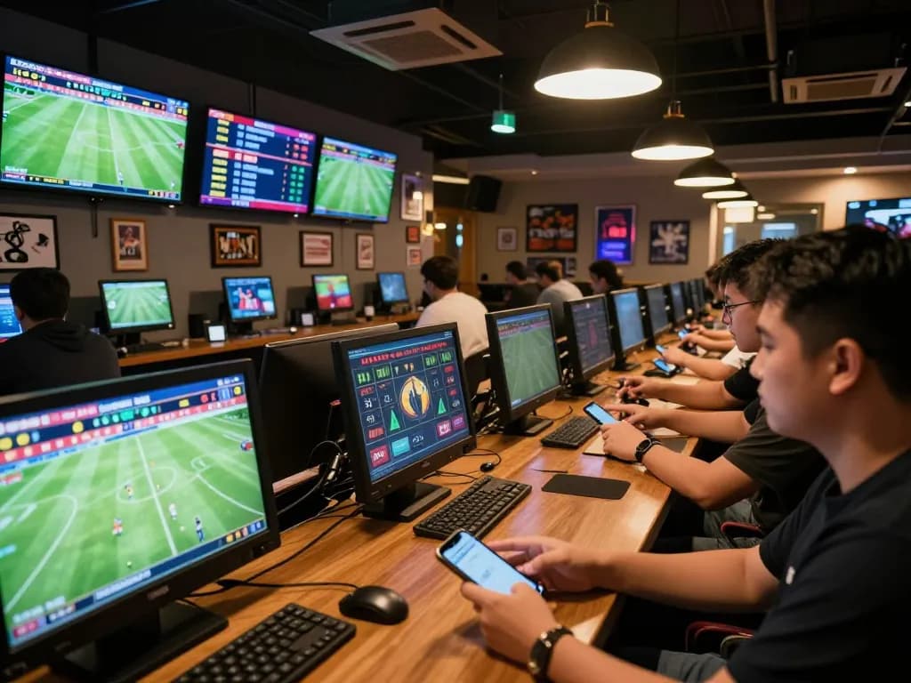 Bong da lu sports betting scene with bettors analyzing stats and placing bets in a lively lounge.