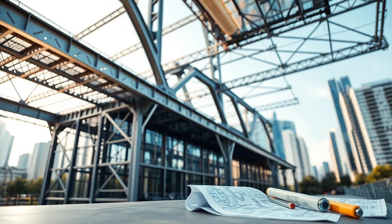Showcasing steel structure design with a modern building and intricate framework in an urban environment.