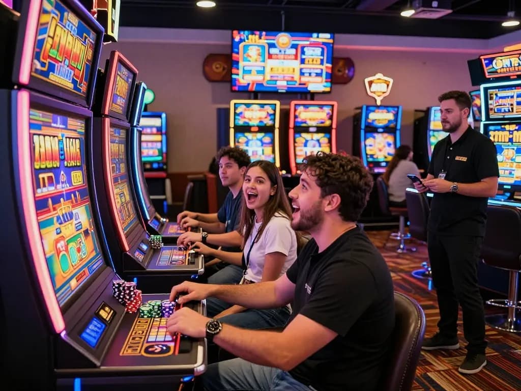Pemain situs slot gacor menikmati momen menyenangkan di mesin slot berwarna-warni dalam suasana kasino yang meriah.