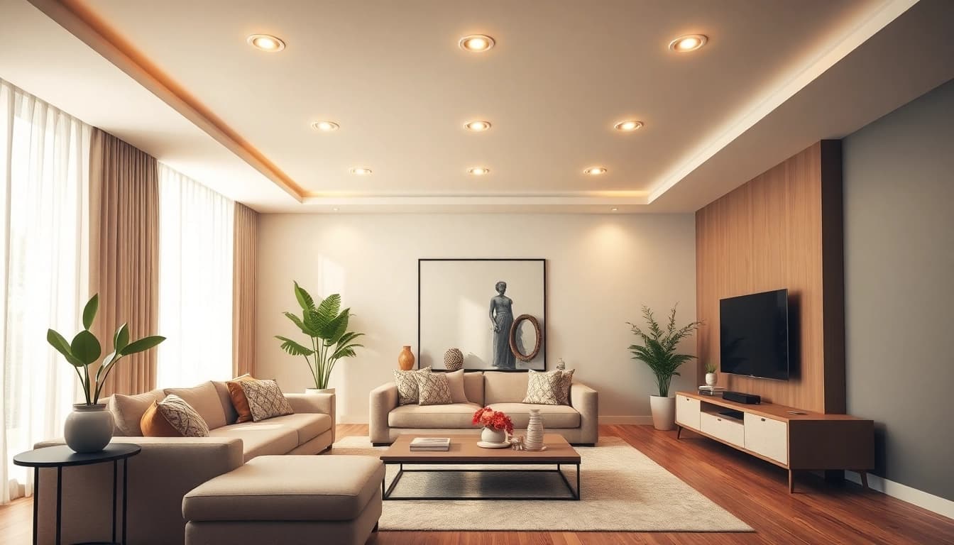 Inbouwspots verlichten een moderne woonkamer met een warme sfeer en stijlvolle decoraties.