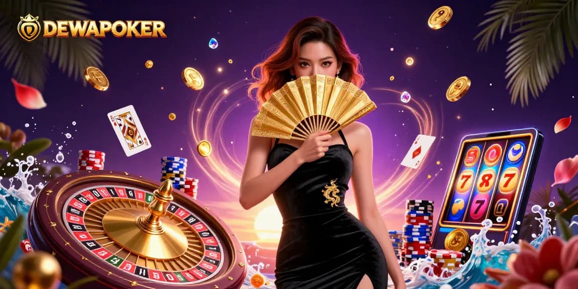 DewaPoker showcases a stunning Asian woman amidst swirling casino elements, promoting vibrant gameplay.