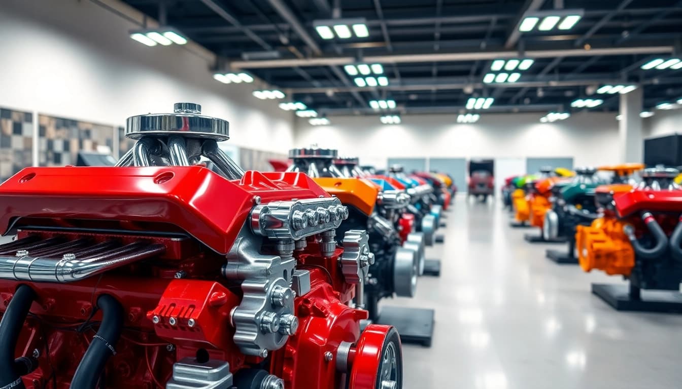 Showcasing Approved Engines in a modern showroom with vibrant colors and intricate details.