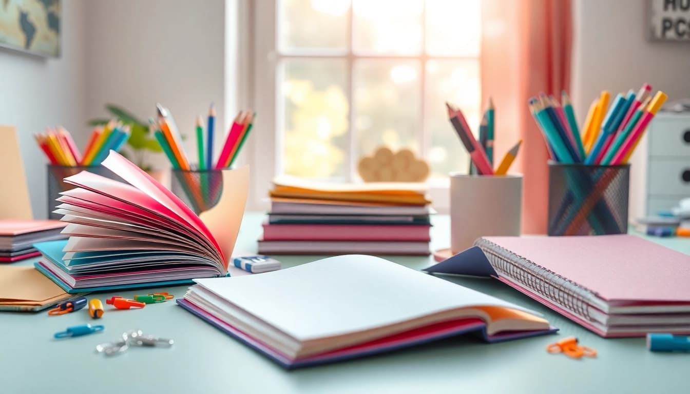 Showcase of colorful stationery items on a workspace, emphasizing creativity and organization.