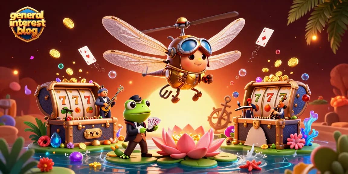 A thrilling scene capturing a dragonfly pilot at a lily pad casino, illustrated for a general interest blog showcasing vibrant gambling themes.