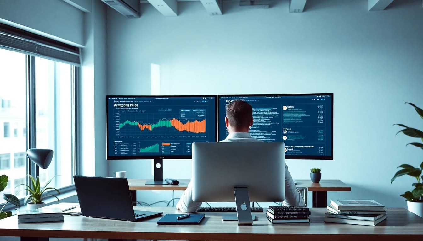 Web scrapping and price tracking setup with developer at a modern desk
