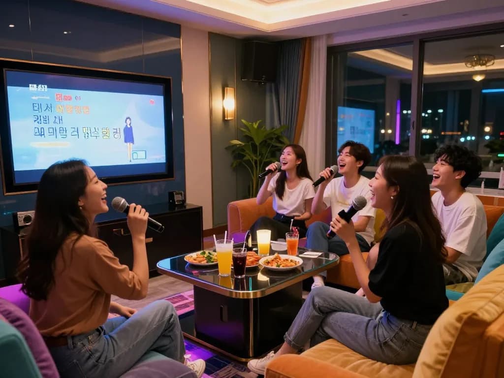 친구들이 음료와 음악과 함께 서구청쓰리노 경험을 즐기는 생동감 넘치는 노래방 장면.