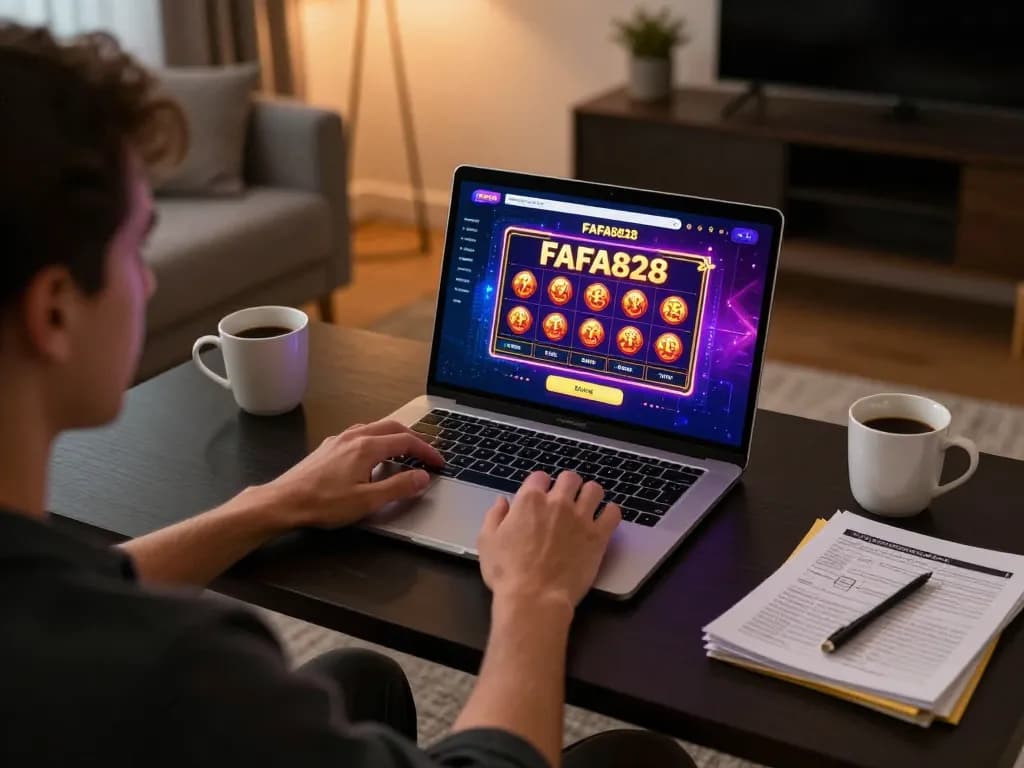 การเข้าร่วมเล่นเกมคาสิโนออนไลน์ FAFA828 บนแล็ปท็อปในบรรยากาศบ้านที่อบอุ่น
