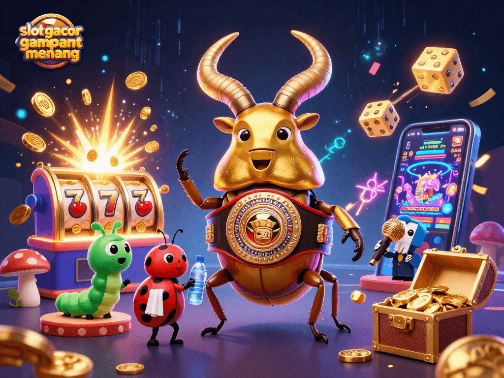 Experience slot gacor gampang menang with a cartoon scene showing exciting casino game elements and characters.