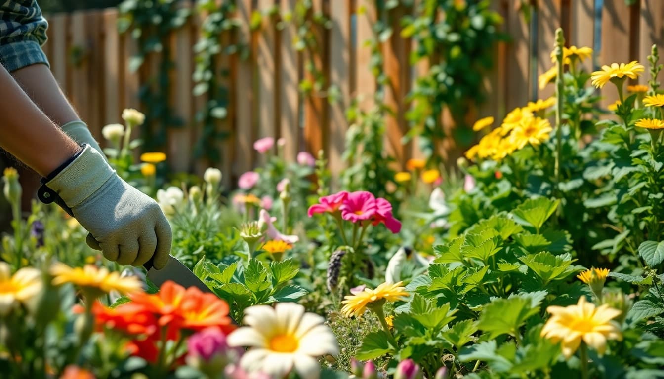 Engaging Gardening scene featuring a gardener tending to vibrant flowers and lush vegetables.