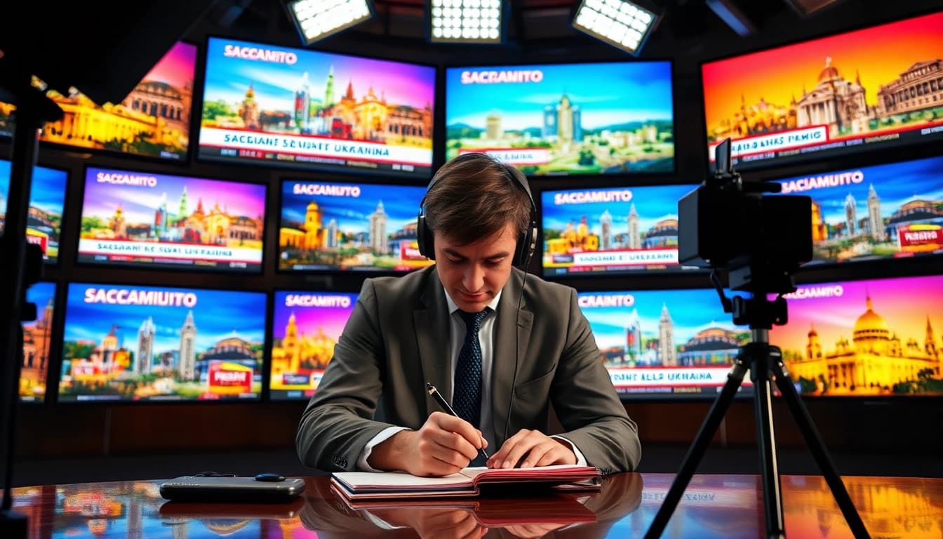 Covering news events at https://www.slavicsac.com with a focused journalist in a vibrant newsroom.