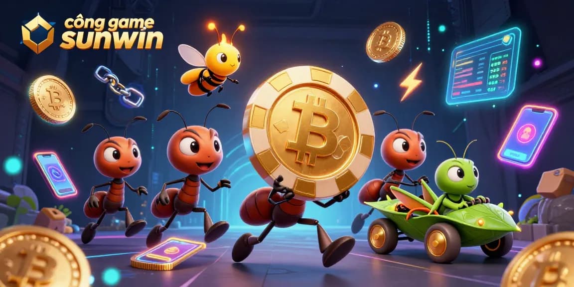 Experience the vibrant world of cổng game sunwin as cartoon ants carry a giant poker chip, surrounded by digital assets and neon lights.