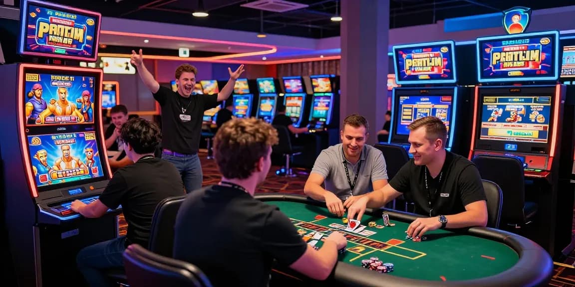 UK players enjoying diverse gaming experiences at credit card casinos on https://pavilions.org.uk, showcasing high-energy atmosphere and vibrant slot machines.