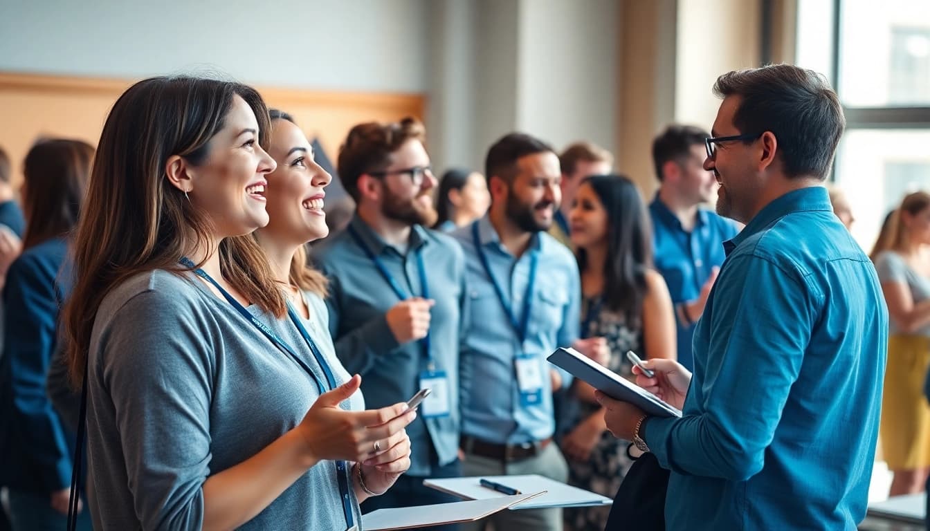 Dynamic scene at a startup innovation conference featuring engaged participants sharing ideas.