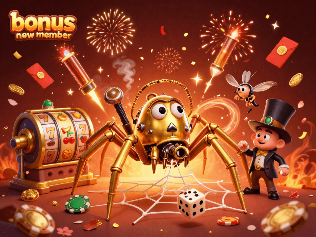 Spin the reels with bonus new member promotions in a vibrant casino-themed 3D illustration.