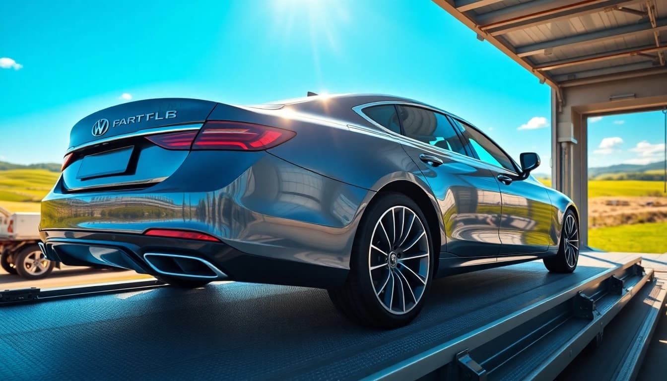 Transporting a luxury vehicle with https://luxuryautocarriers.com in a serene landscape, showcasing premium service.