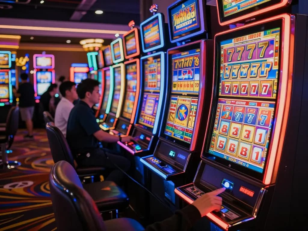Player enjoying slot 777 machines in lively casino atmosphere, vibrant lights and excitement around