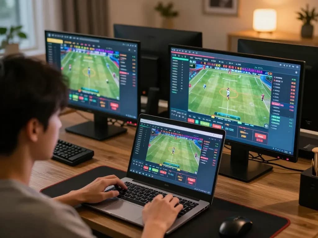 Engage in strategic sports betting at fb88 with a dynamic home gaming setup featuring live data and multiple screens.