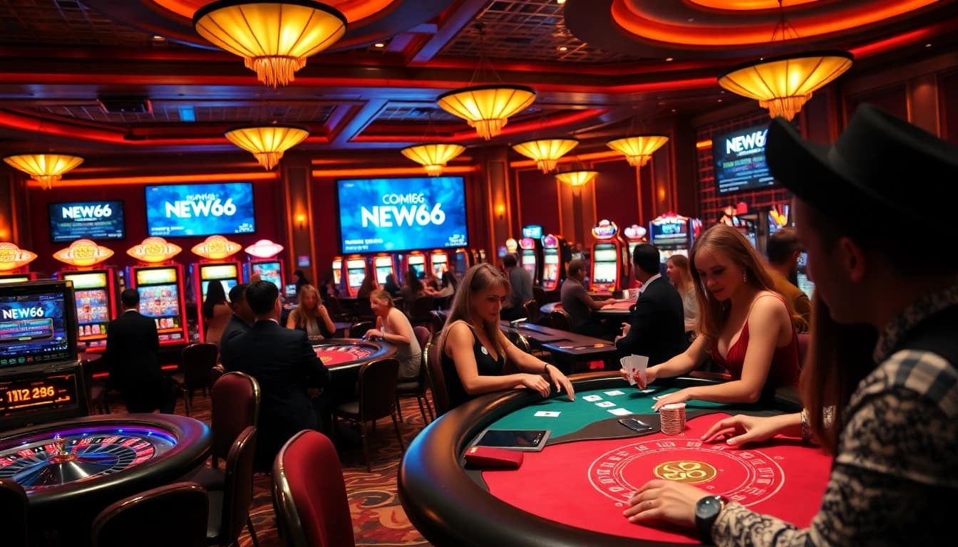 New66 players enjoying an exciting round of poker in a vibrant casino atmosphere.