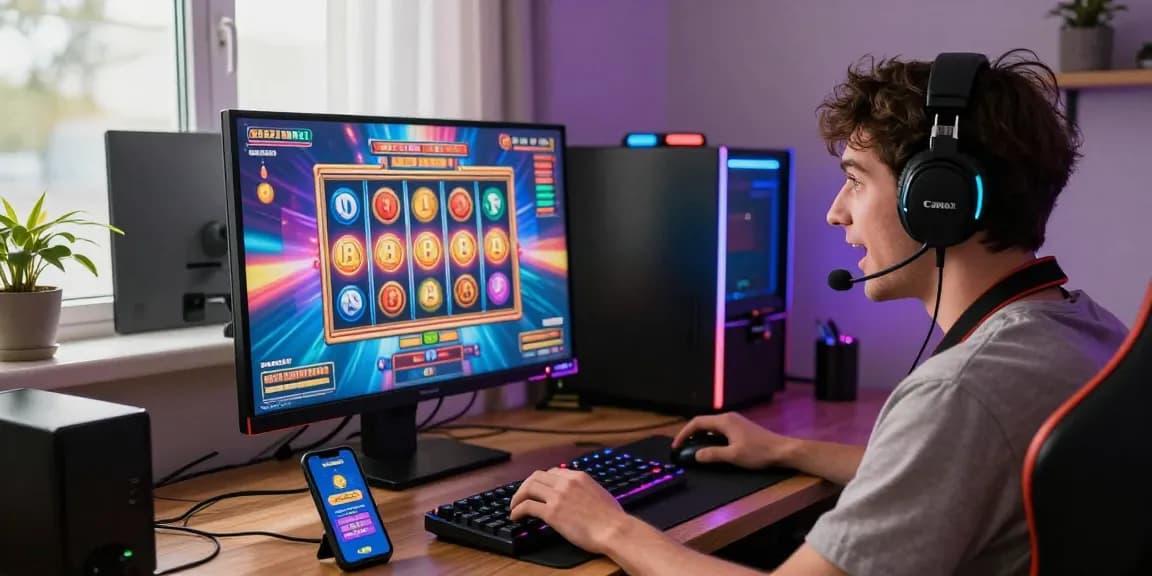 Player engaging with slot machine graphics in a cozy gaming setup.