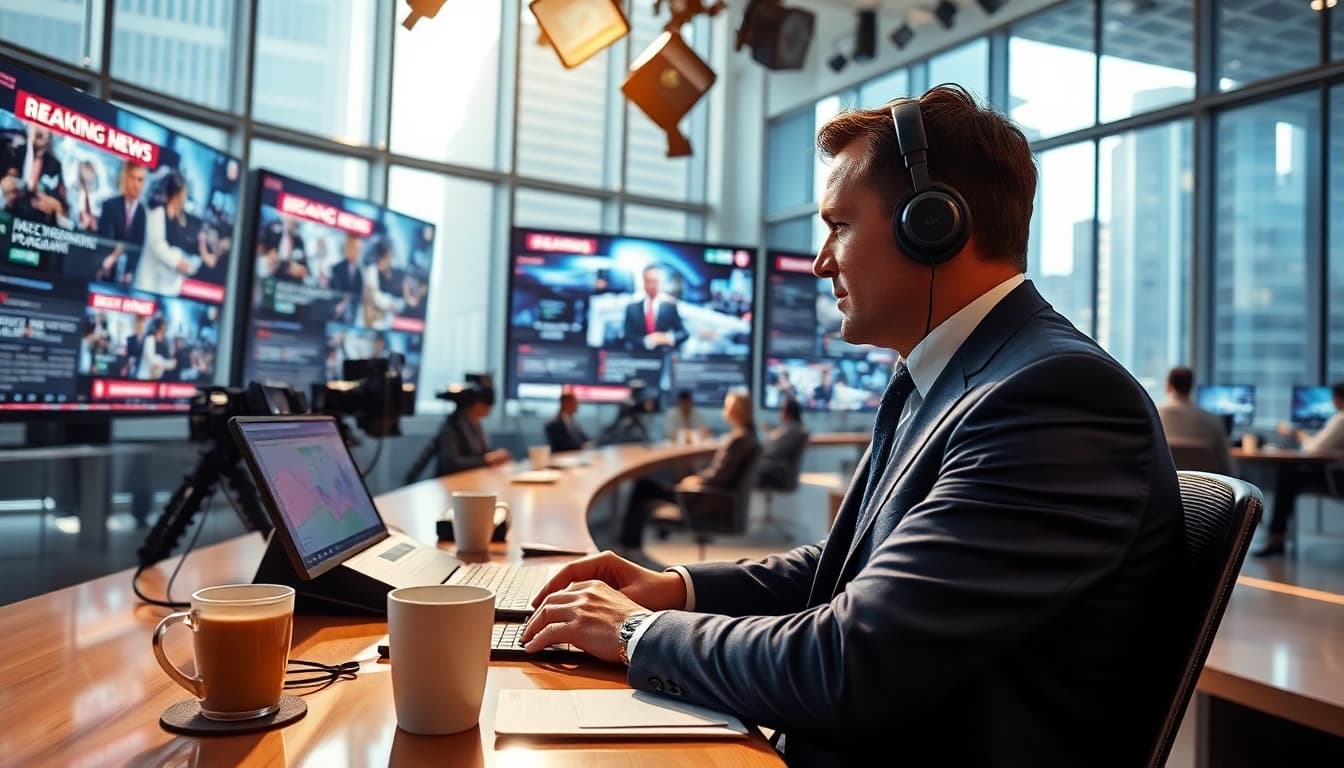 Catch breaking news content in an energetic newsroom with advanced technology.