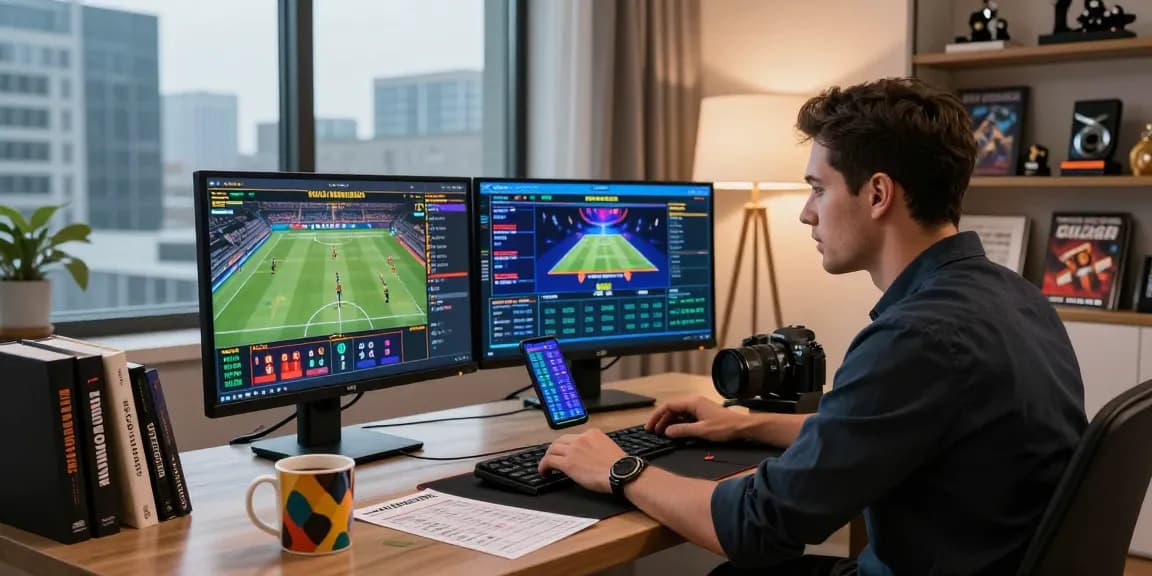 Professional gambler using multiple screens for betting at nhà cái shbet in a modern home office.