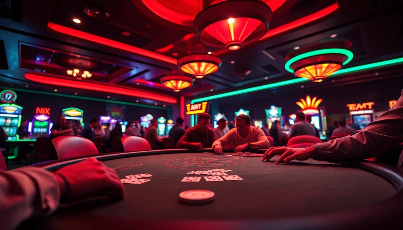 bbni4d di meja poker yang ramai di kasino dengan pencahayaan dramatis.