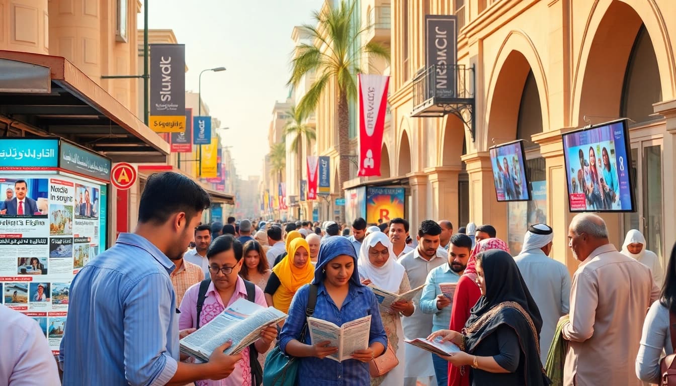 Sharjah news today depicted through a lively market scene with diverse individuals engaging with news sources.