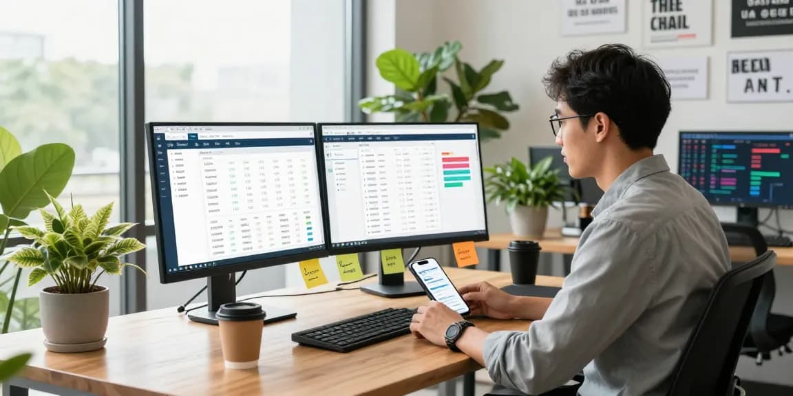 SEO expert analyzing data on scenadomen.pl in a modern office setup