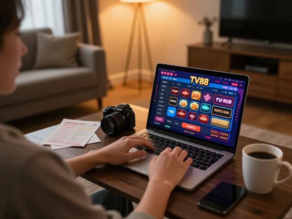 Player engaging with TV88 casino online gaming platform from a cozy home setup.