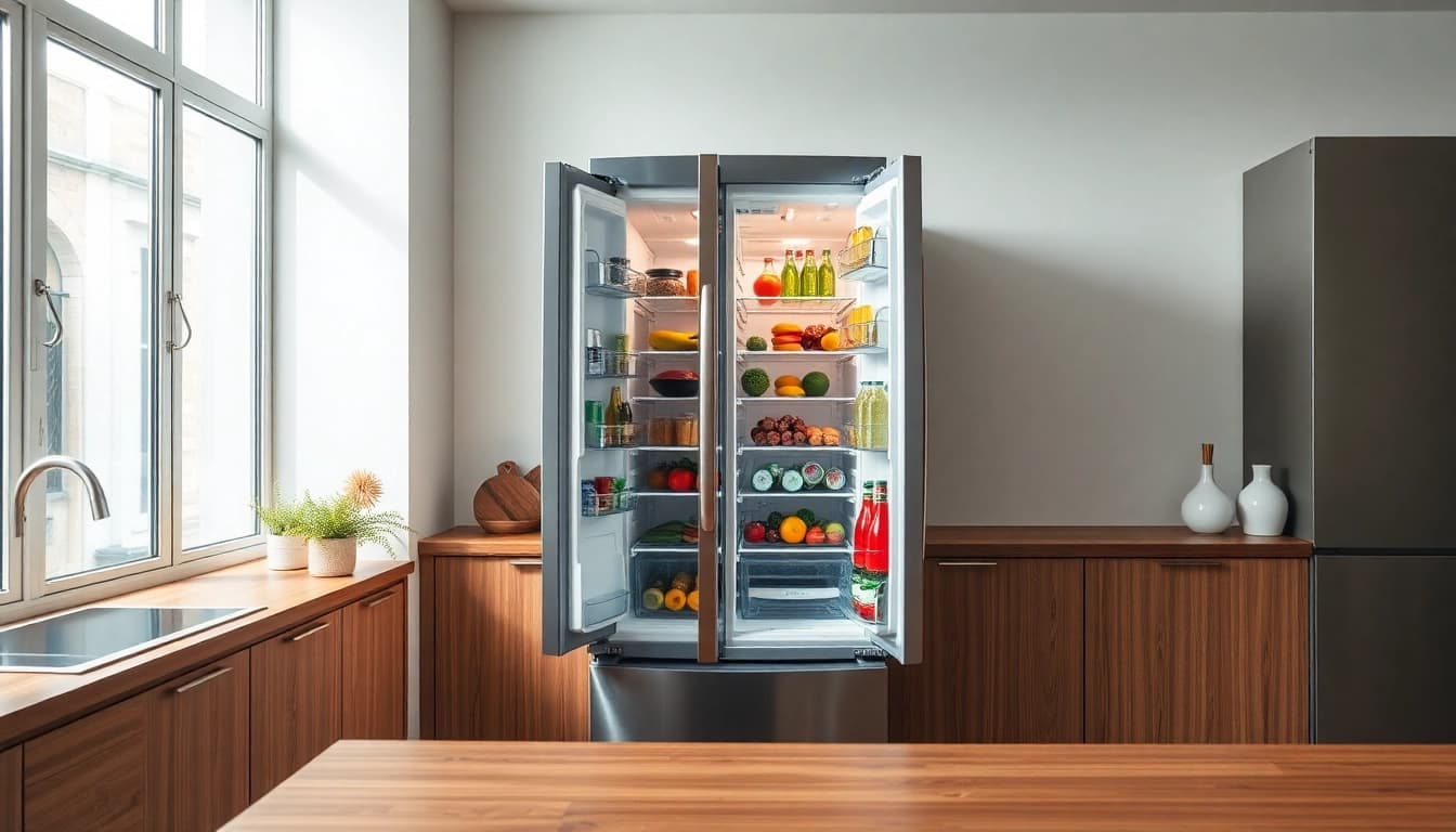 Refrigerator with organized interior and fresh produce displayed in a modern kitchen setting.