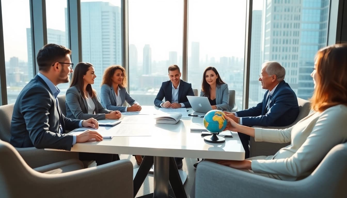 Real estate agents collaborate in international business real estate negotiations in a modern office.