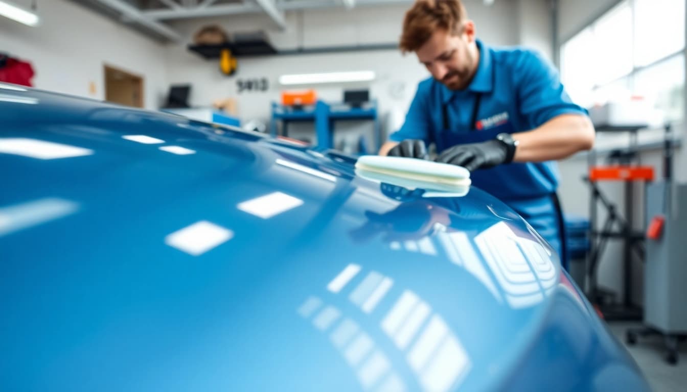 Car detailing Broward County featuring a technician polishing a vehicle in a spotless garage.