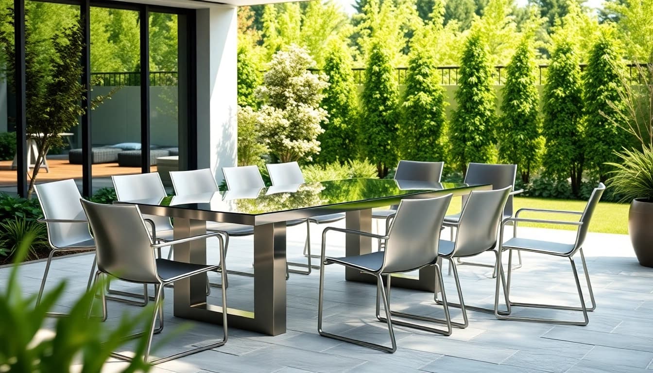 Stylish stainless steel furniture set in a modern garden with elegant design details.