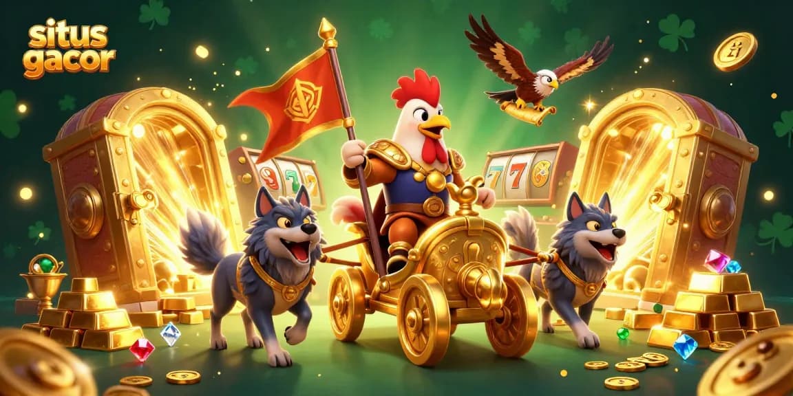 Experience situs gacor with a vibrant 3D scene featuring a rooster warlord and gold treasures.
