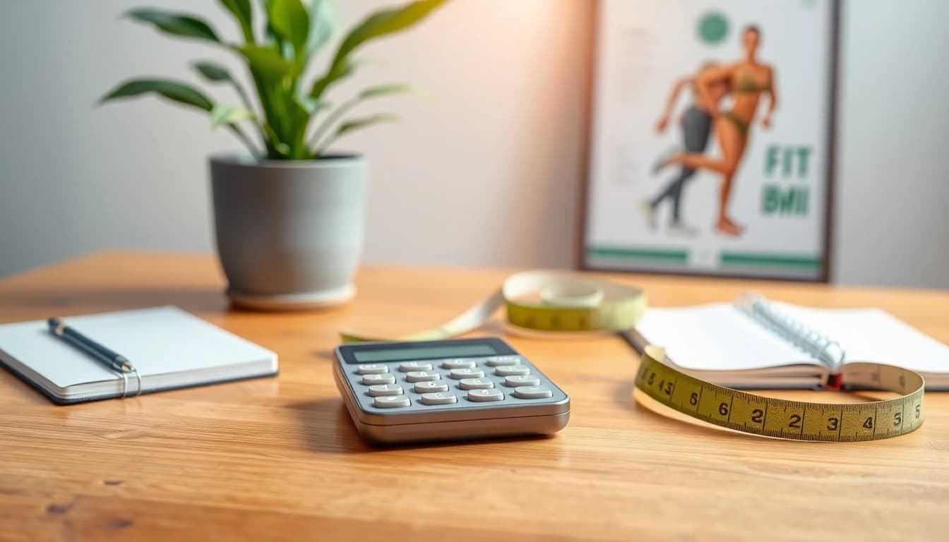 Calculate your BMI with a bmi calculator on a wooden table surrounded by health tools.
