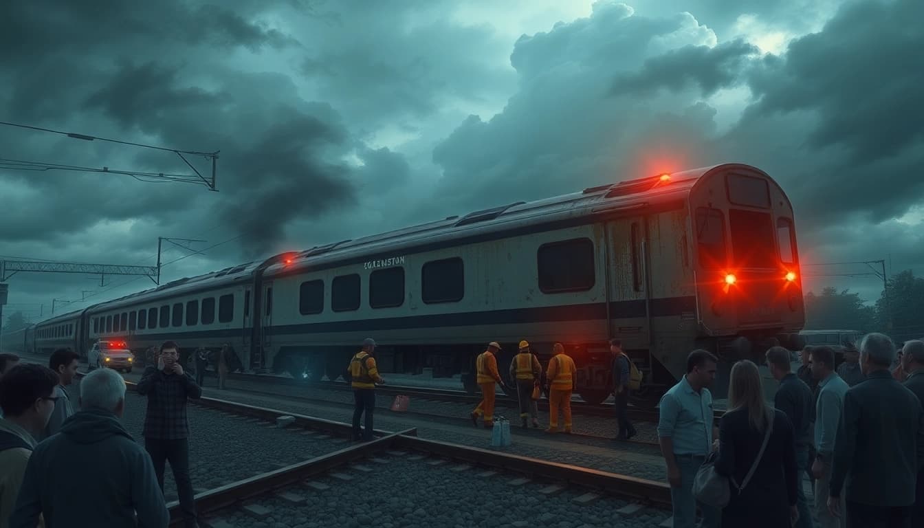 A scene capturing a spain train crash with emergency responders and distressed onlookers.