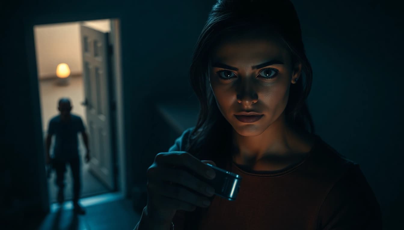 Capturing suspense in a clean thriller scene with a determined female lead.