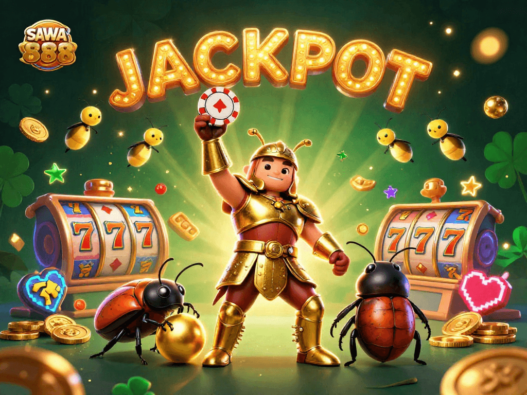 Win big with SAWA888! A victorious beetle lifts a poker chip amidst vibrant casino elements.
