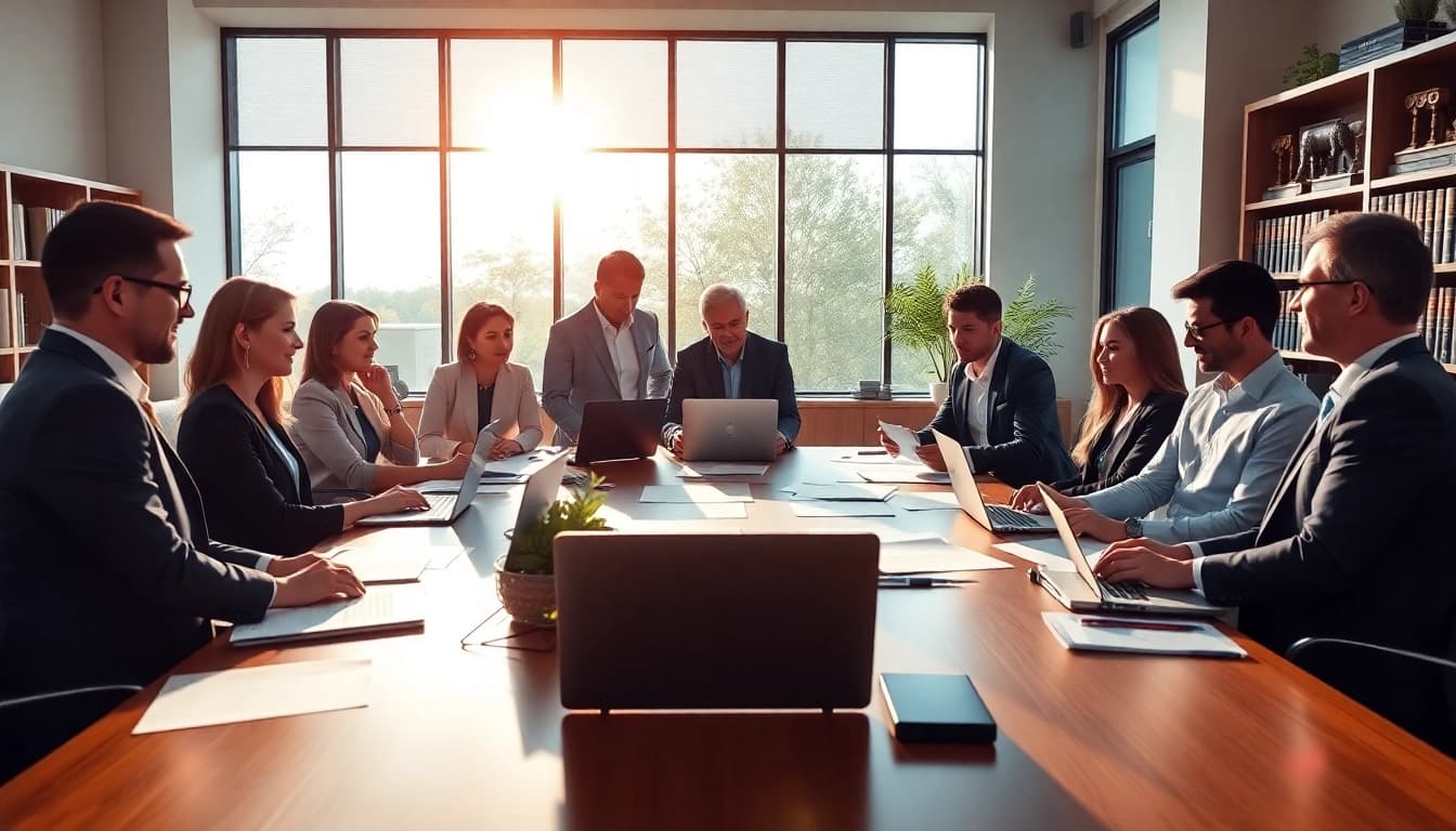 A collaborative team focusing on agricultural law in a modern office environment, emphasizing trust and professionalism.