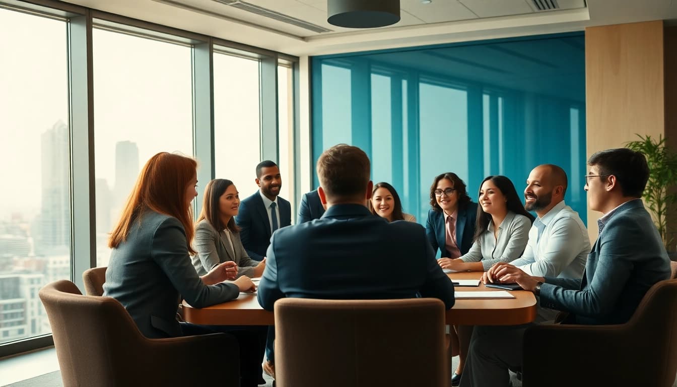 Leverage business strategies with diverse professionals collaborating in a modern meeting room.