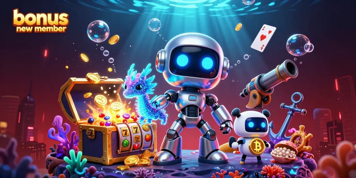 Engage with the bonus new member experience through a vibrant casino scene featuring unique 3D characters.