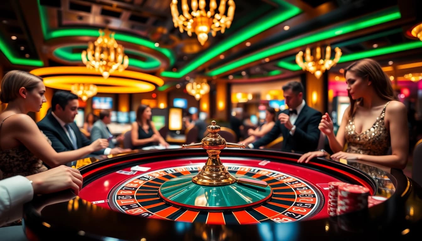 Menghadirkan interwin link alternatif dalam suasana kasino dengan pemain bersemangat bermain roulette.
