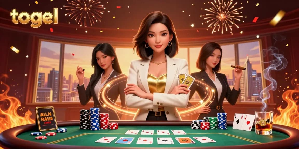 Togel themed promotional illustration featuring elegant Asian woman with cards, vibrant casino elements, and captivating details.