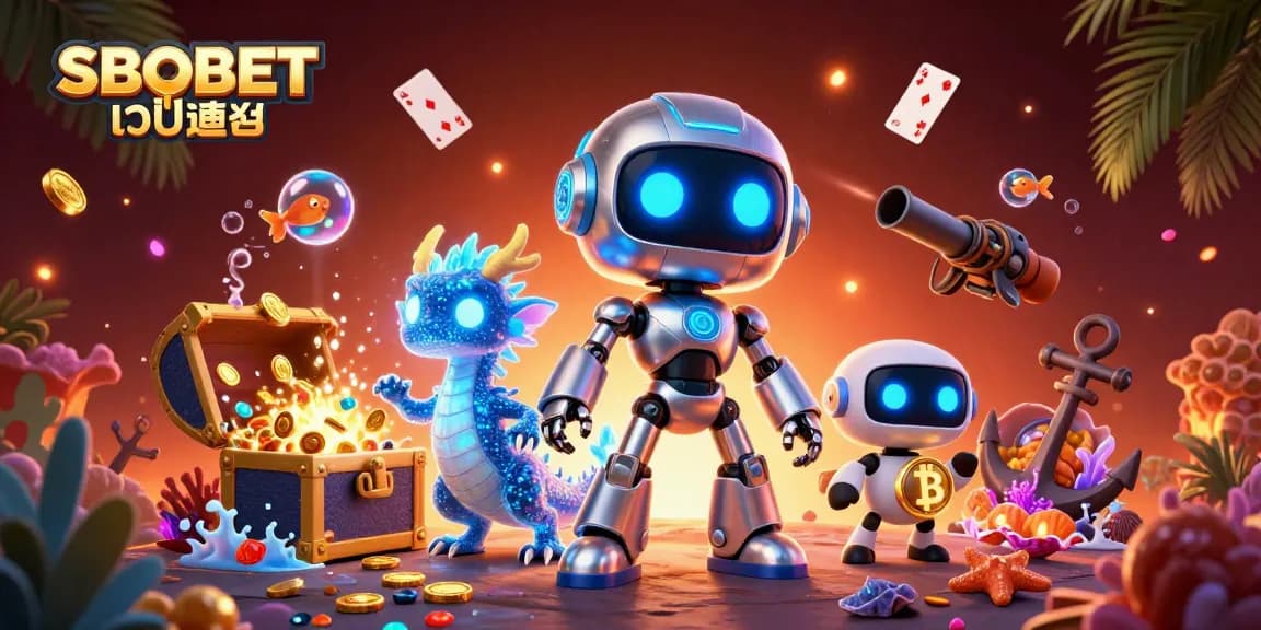SBOBET เว็บตรง inviting players to explore exciting betting illustrated with a vibrant, futuristic casino scene.