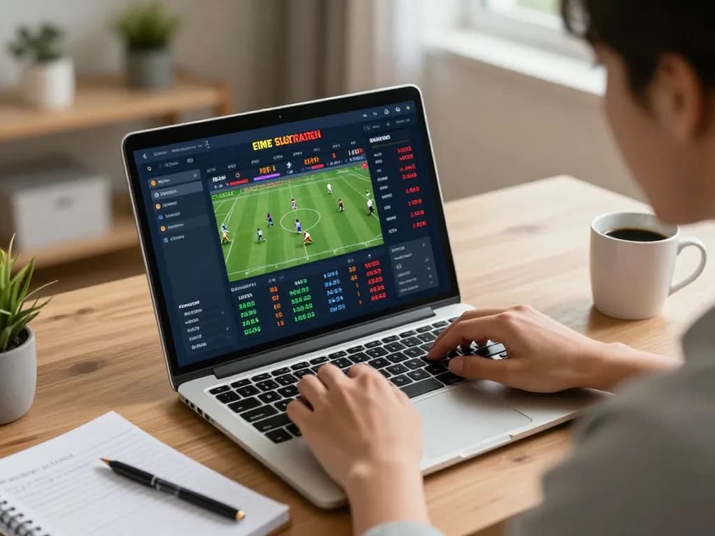 Kèo nhà cái user analyzing live betting odds on laptop in vibrant home office.